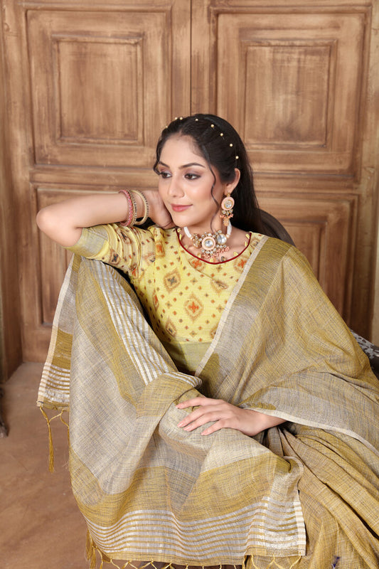 Dhiyona GR Women's Glory Yellow Soft Linen Solid Woven Saree