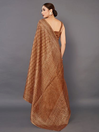 Women's Bhagalpuri Silk Brown Printed Celebrity Saree With Blouse Piece