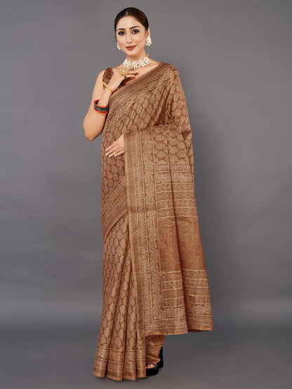 Women's Bhagalpuri Silk Brown Printed Celebrity Saree With Blouse Piece