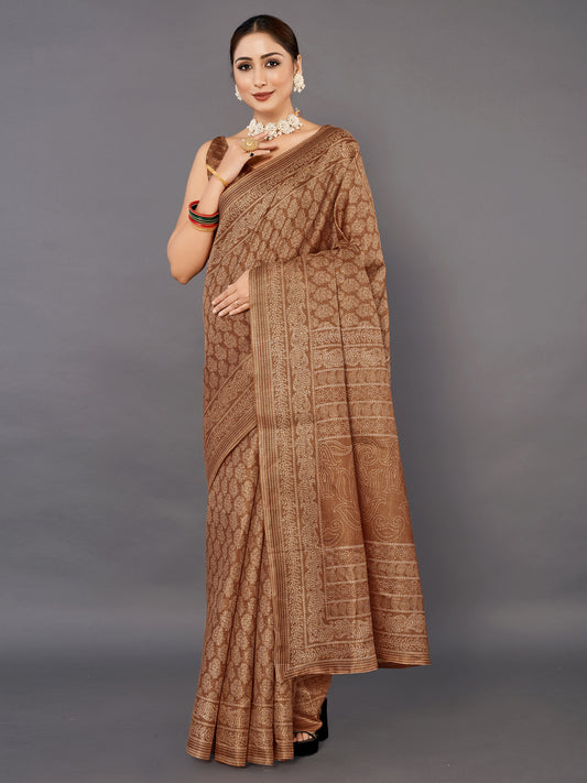 Women's Bhagalpuri Silk Brown Printed Celebrity Saree With Blouse Piece