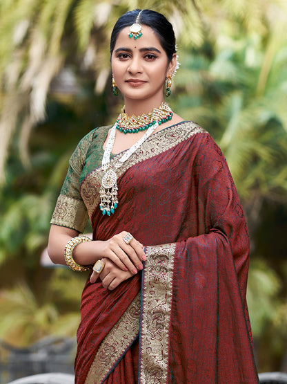 Women's Pure Silk Maroon Embellished Designer Saree With Blouse Piece