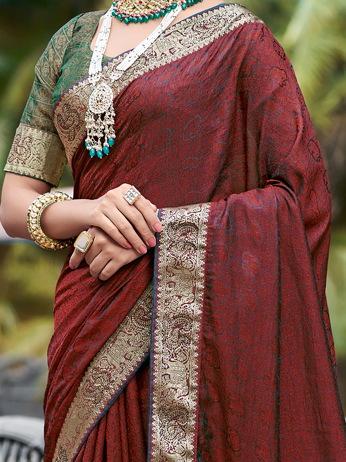 Women's Pure Silk Maroon Embellished Designer Saree With Blouse Piece