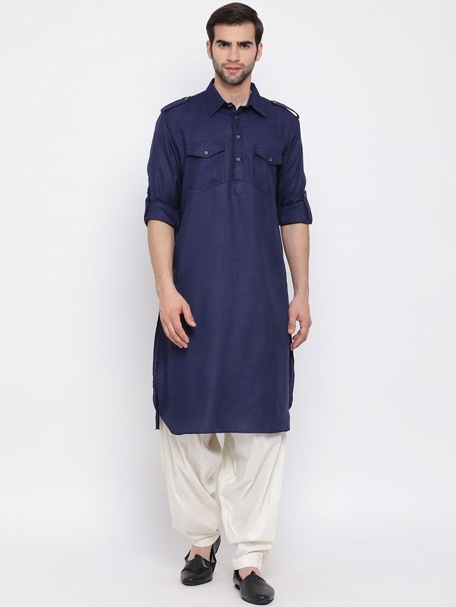 Men's Blue Cotton Blend Pathani Pathani Kurta Set