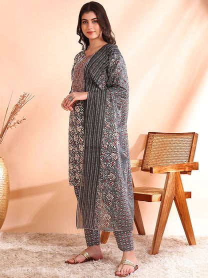 Dhiyona OD  Thread Work Pure Cotton Straight Kurta with Trousers & Dupatta