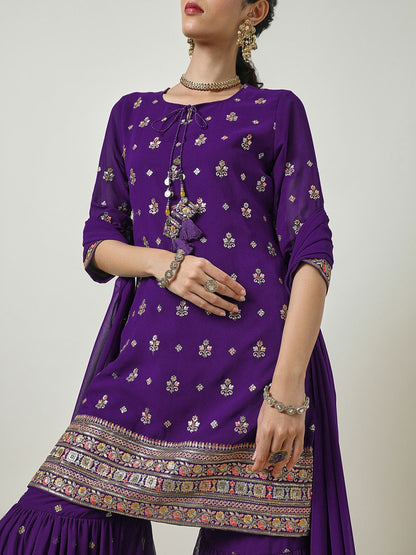 Dhiyona SO Women's Women Floral Printed Regular Thread Work Kurta with Sharara & With Dupatta