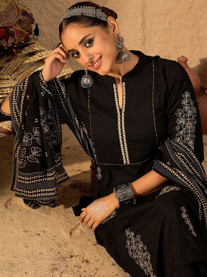 Women Ethnic Motifs Embroidered Pure Cotton A-Line Kurta with Trouser & Dupatta