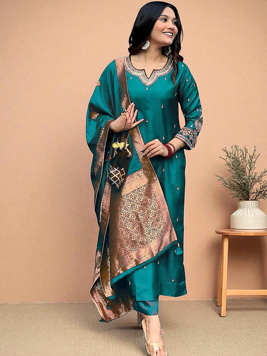 Dhiyona SN Women's Embroidered Straight Kurta Pyjama & Dupatta