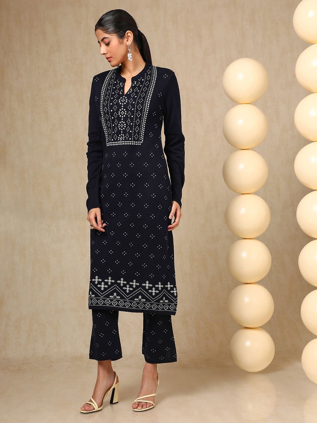 Dhiyona SO Women's Navy Blue Floral Woven Design Mandarin Collar Acrylic Straight Kurta With Trouser