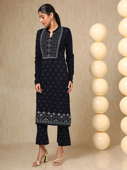 Dhiyona SO Women's Navy Blue Floral Woven Design Mandarin Collar Acrylic Straight Kurta With Trouser