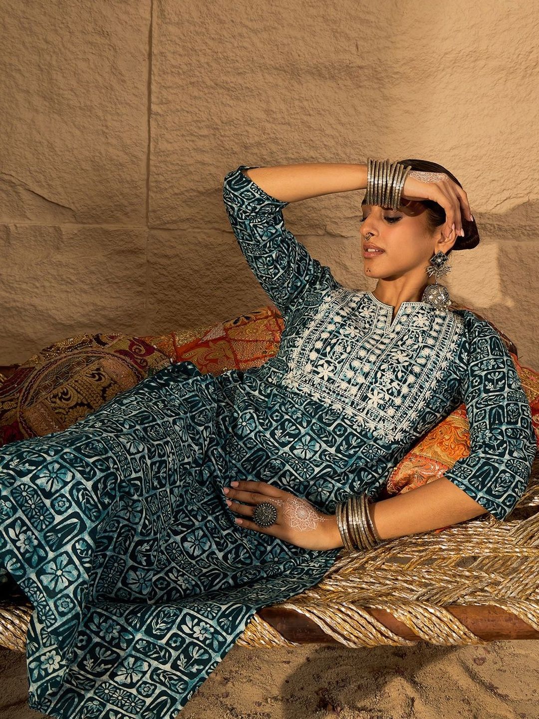 Women Ethnic Motifs Printed Regular Thread Work Pure Cotton Kurta with Trousers