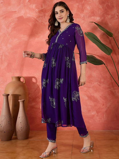 Dhiyona SN Women's Embroidered V-Neck Anarkali Georgette Kurta & Trousers