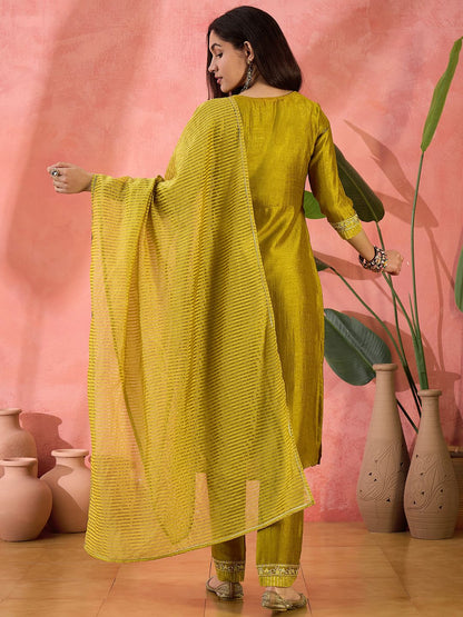 Dhiyona SN Women's Mustard Floral Embroidered V-Neck Kurta With Pant And Dupatta