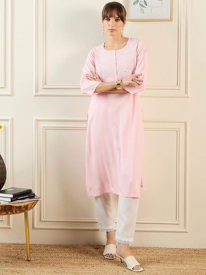 Dhiyona IE Floral Yoke Design Round Neck Thread Work Straight Kurta