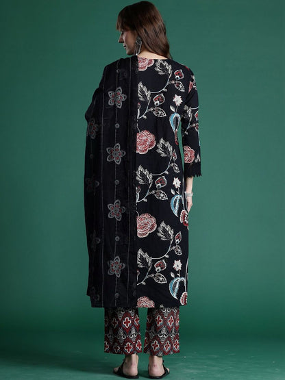 Women Floral Printed Regular Pure Cotton Kurta with Trousers & With Dupatta