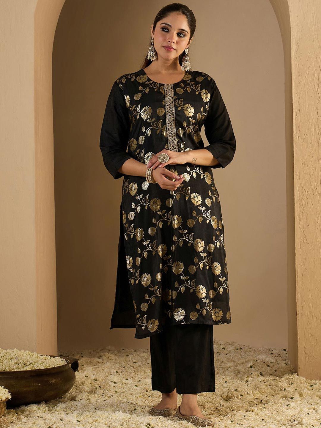 Floral Woven Design Straight Kurta With Trousers & Dupatta