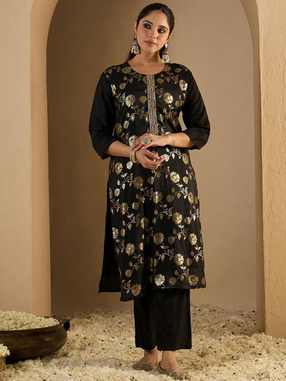 Floral Woven Design Straight Kurta With Trousers & Dupatta