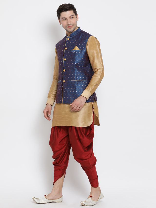 Men's Gold Silk Blend Straight Jacket  Kurta and Dhoti Set