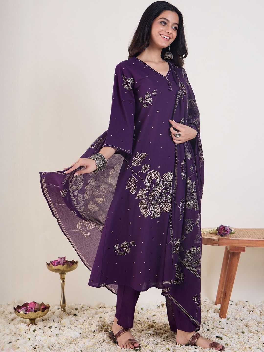 Ethnic Motifs Printed V-Neck Pure Cotton Anarkali Kurta With Trousers & Dupatta