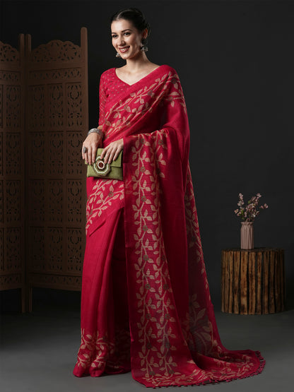 Women's Cotton Slub Pink Printed Designer Saree With Blouse Piece