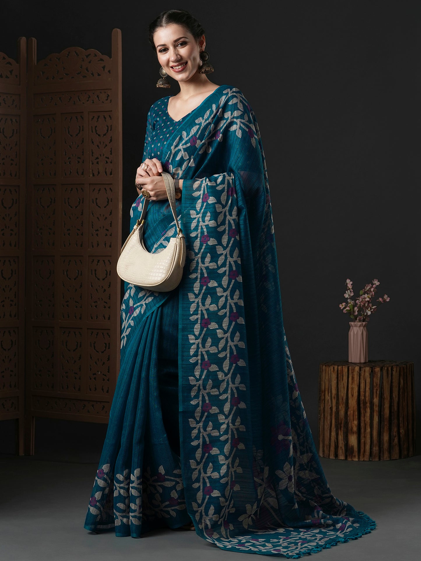 Women's Cotton Slub Teal blue Printed Designer Saree With Blouse Piece