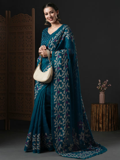 Women's Cotton Slub Teal blue Printed Designer Saree With Blouse Piece