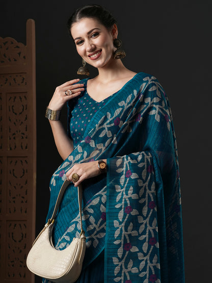 Women's Cotton Slub Teal blue Printed Designer Saree With Blouse Piece