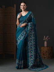 Women's Cotton Slub Teal blue Printed Designer Saree With Blouse Piece