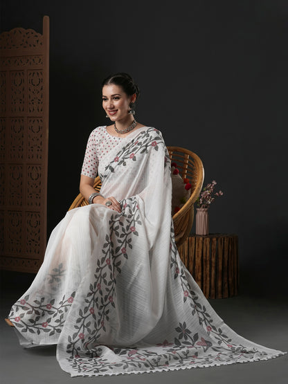 Women's Cotton Slub White Printed Designer Saree With Blouse Piece