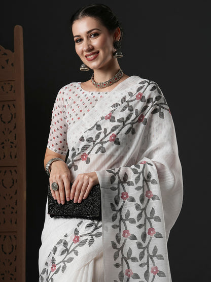 Women's Cotton Slub White Printed Designer Saree With Blouse Piece