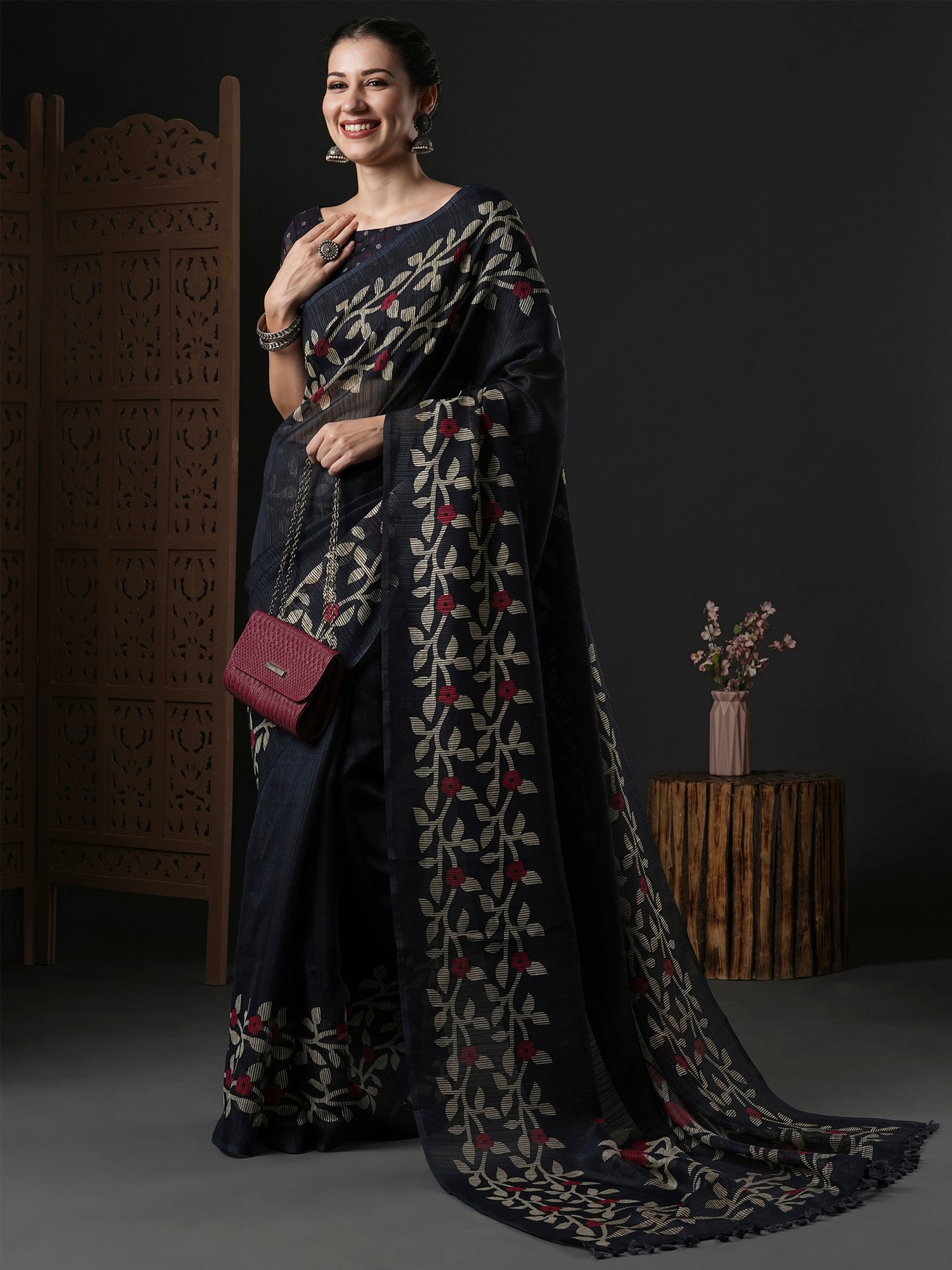 Women's Cotton Slub Black Printed Designer Saree With Blouse Piece