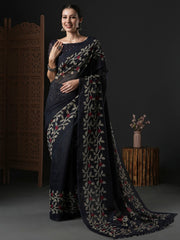 Women's Cotton Slub Black Printed Designer Saree With Blouse Piece
