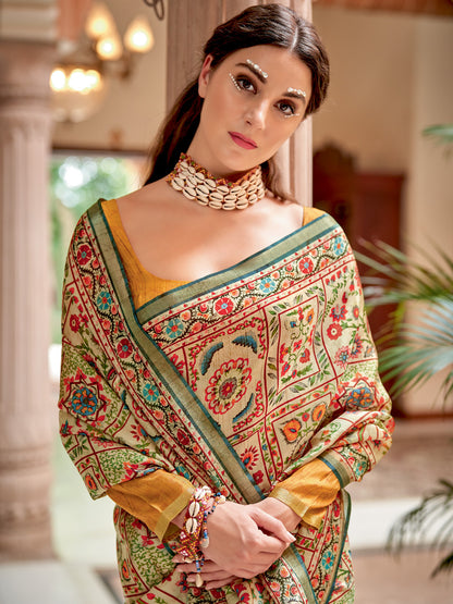 Women's Soft Silk Beige Printed Designer Saree With Blouse Piece