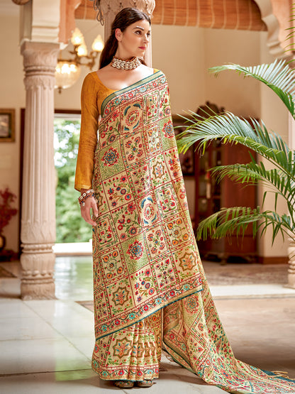 Women's Soft Silk Beige Printed Designer Saree With Blouse Piece