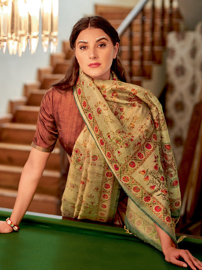 Women's Soft Silk Beige Printed Designer Saree With Blouse Piece