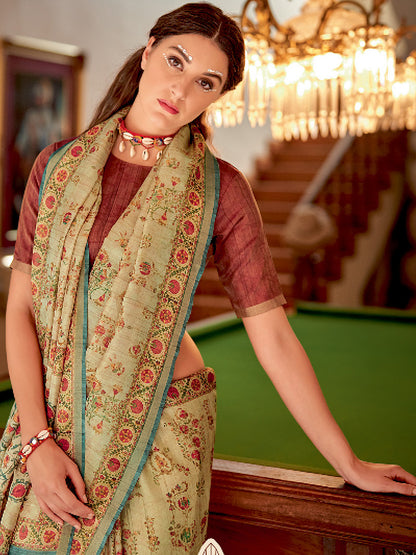 Women's Soft Silk Beige Printed Designer Saree With Blouse Piece