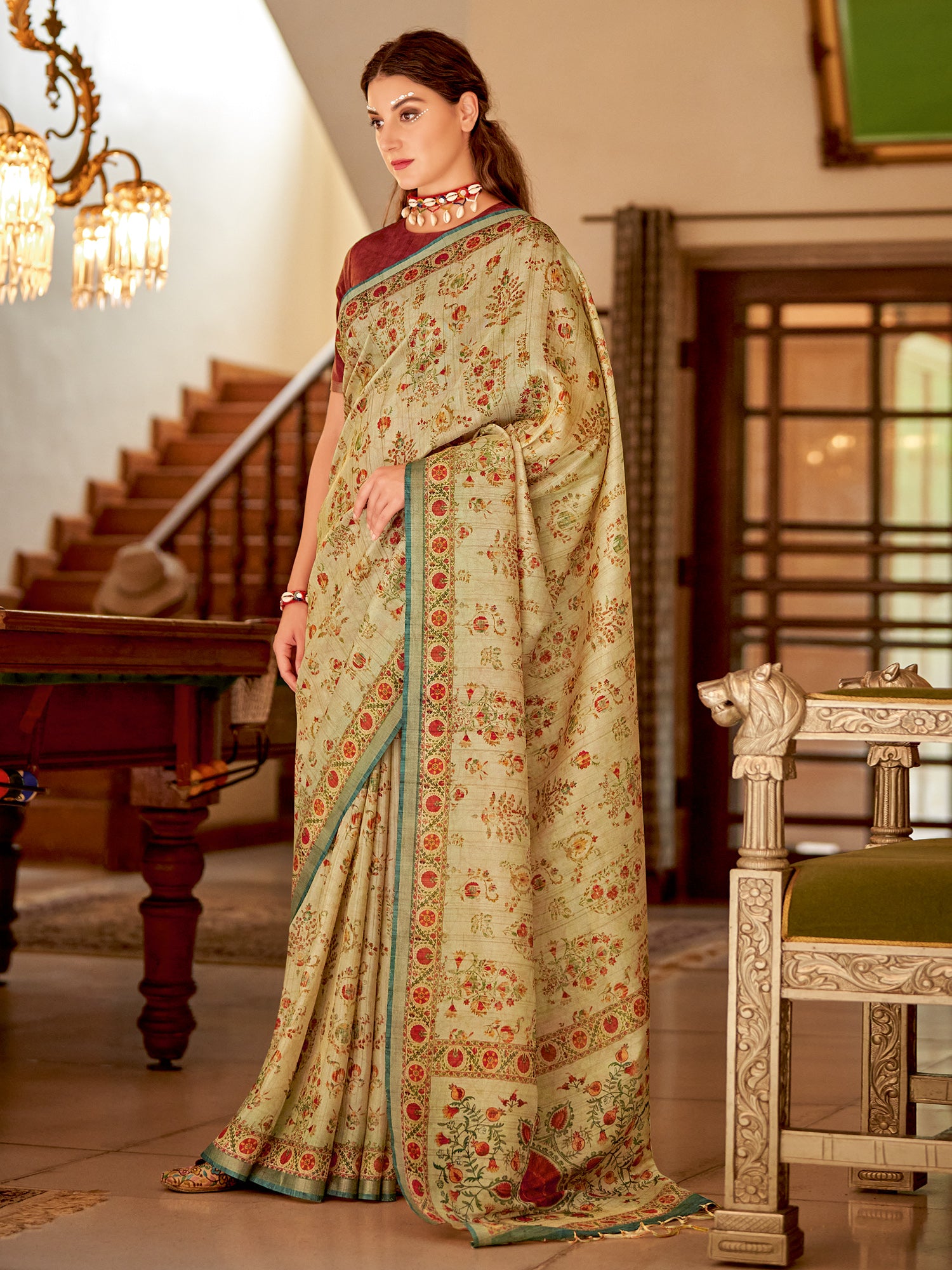 Women's Soft Silk Beige Printed Designer Saree With Blouse Piece