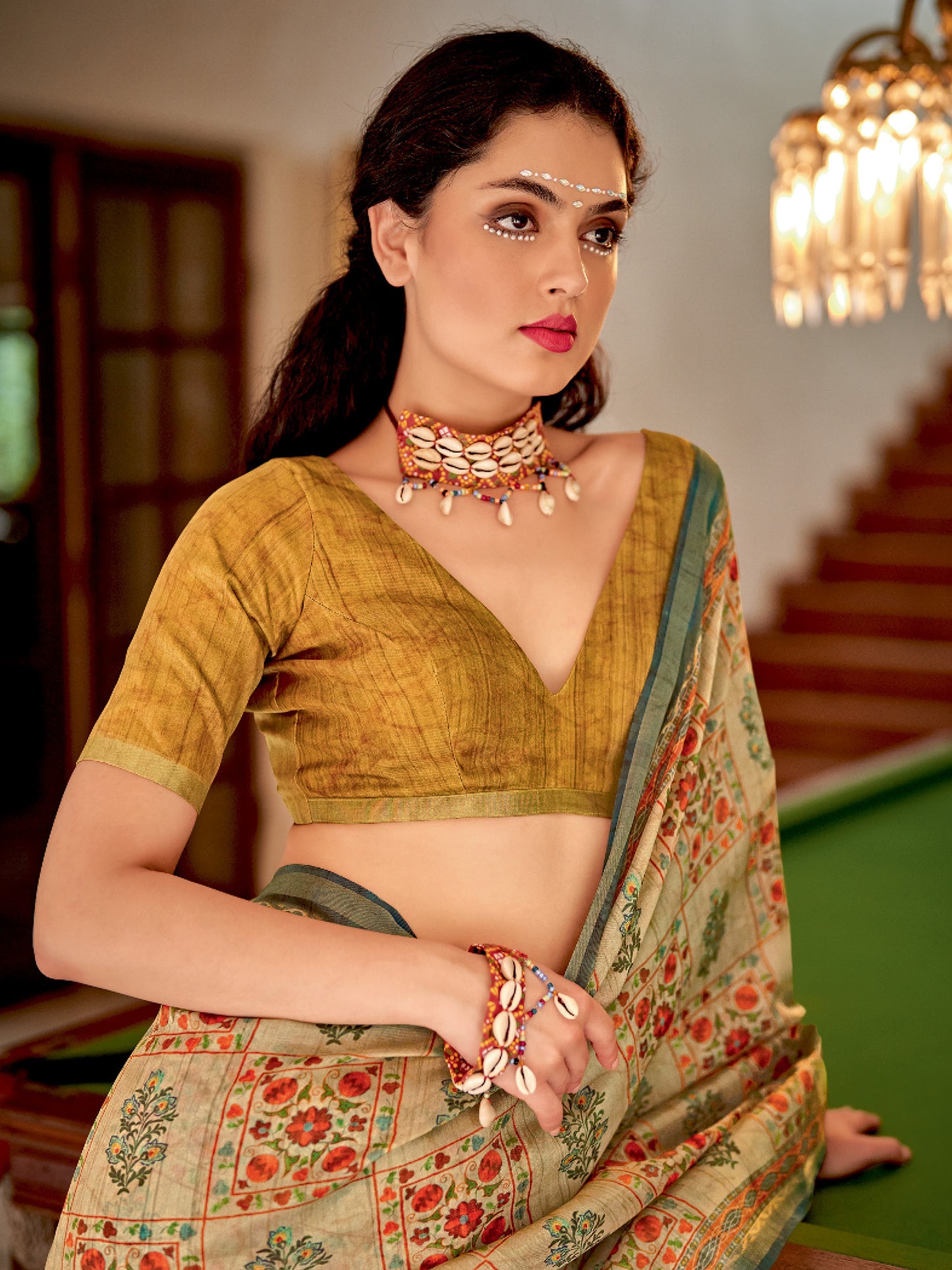Women's Soft Silk Beige Printed Designer Saree With Blouse Piece