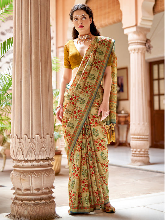 Women's Soft Silk Beige Printed Designer Saree With Blouse Piece
