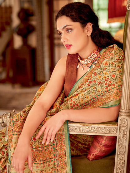 Women's Soft Silk Beige Printed Designer Saree With Blouse Piece