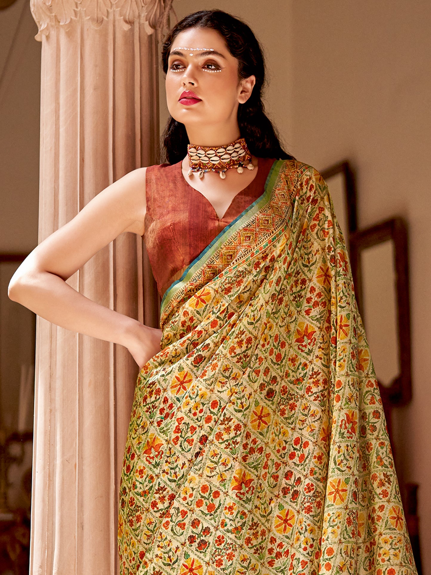 Women's Soft Silk Beige Printed Designer Saree With Blouse Piece