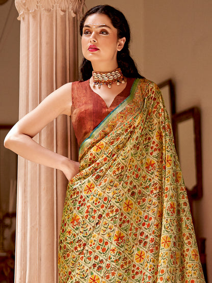 Women's Soft Silk Beige Printed Designer Saree With Blouse Piece