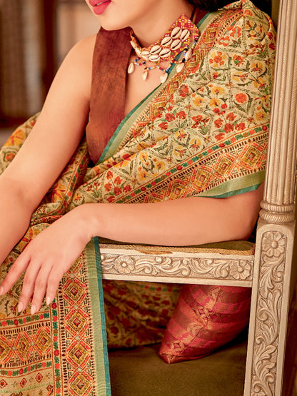 Women's Soft Silk Beige Printed Designer Saree With Blouse Piece