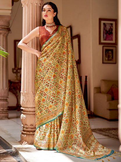 Women's Soft Silk Beige Printed Designer Saree With Blouse Piece