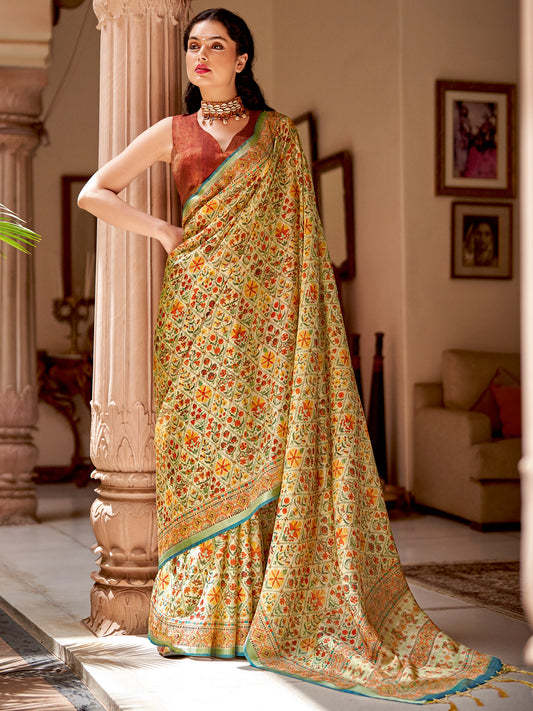 Women's Soft Silk Beige Printed Designer Saree With Blouse Piece