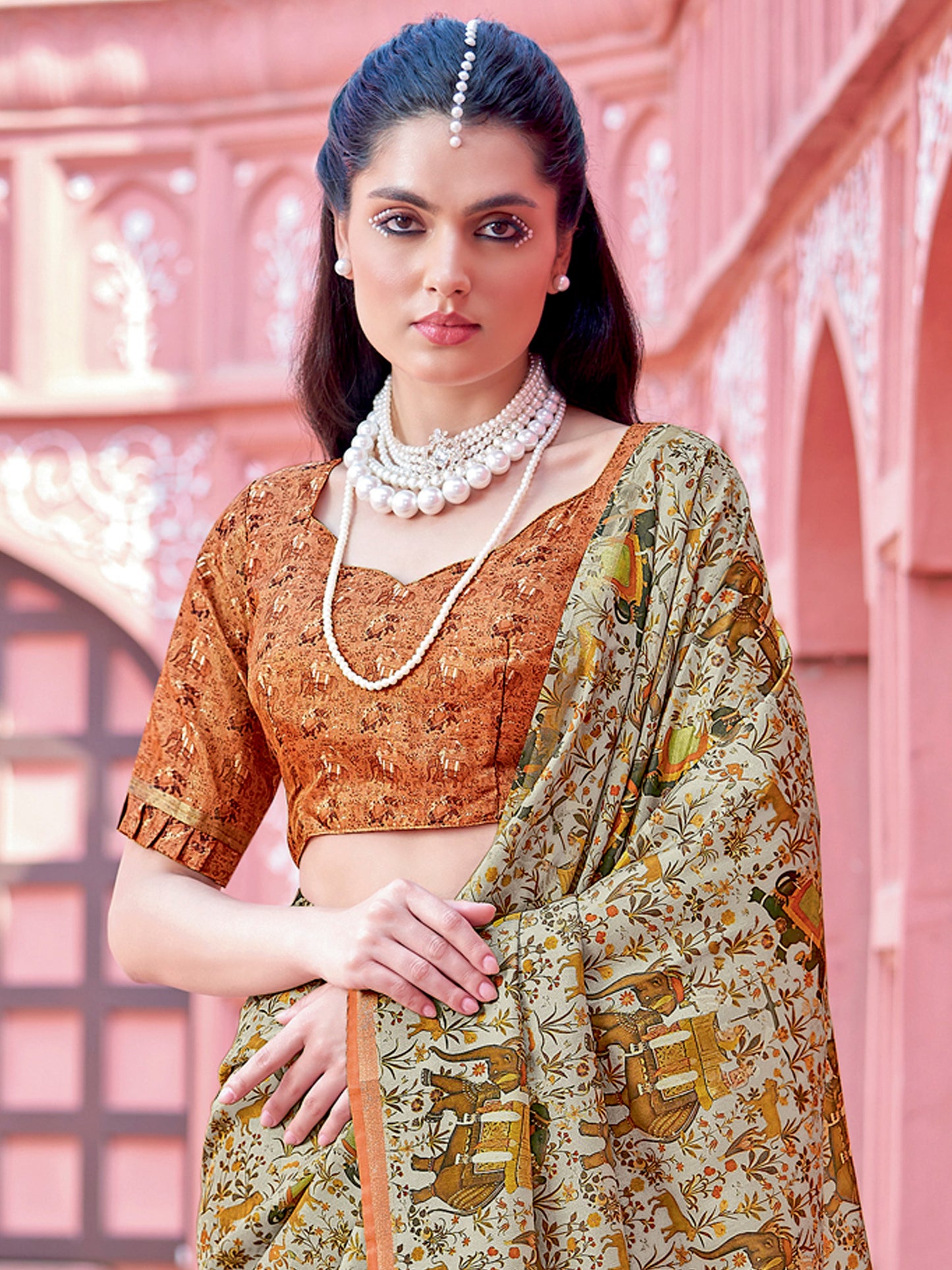 Women's Banarasi Silk Beige Printed Designer Saree With Blouse Piece