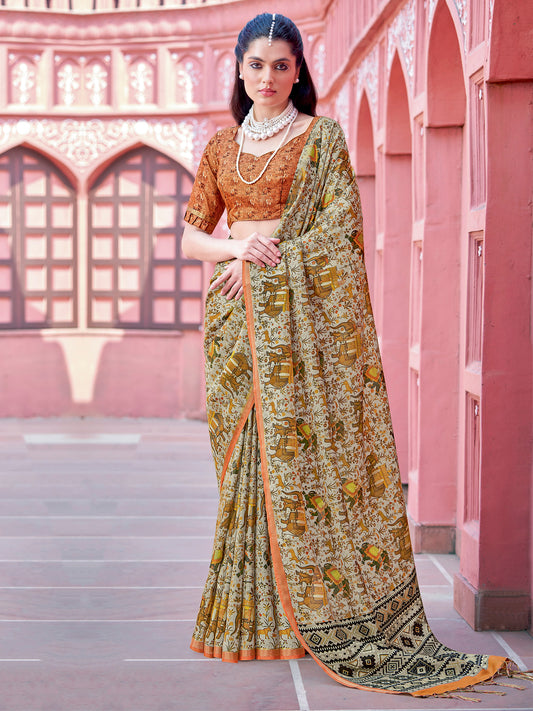 Women's Banarasi Silk Beige Printed Designer Saree With Blouse Piece