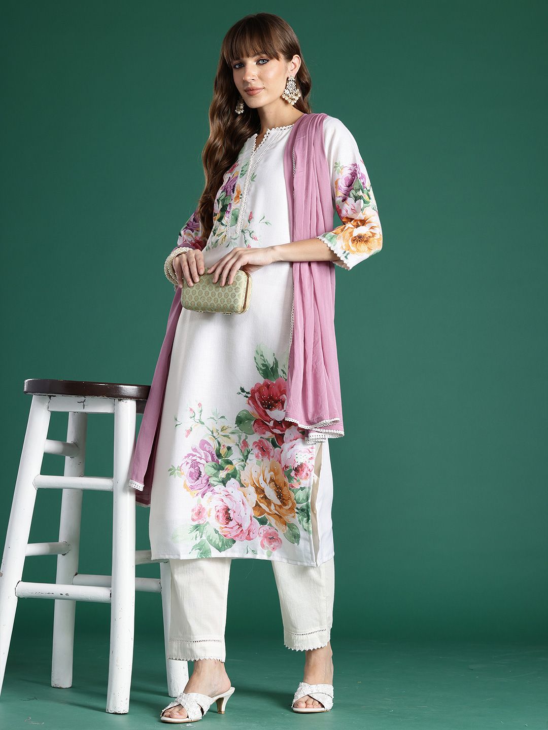 Dhiyona IE Floral Printed Regular Linen Kurta With Trouser And Dupatta