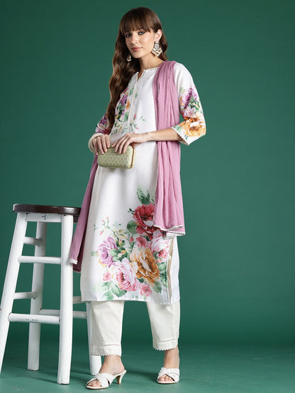 Floral Printed Regular Linen Kurta With Trouser And Dupatta