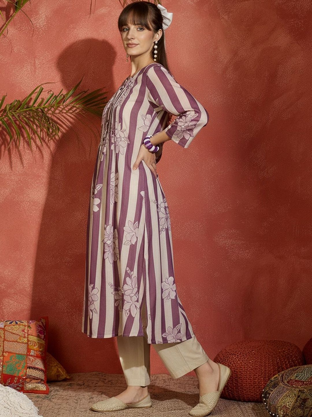 Striped Printed Round Neck Panelled Pure Cotton Kurta With Trousers