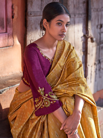 Women's Silk Blend Mustard Printed Designer Saree With Blouse Piece